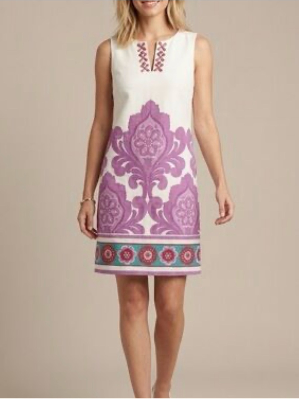 Laundry By Shelli Segal White Mini Dress with Lavender Damask and Teal Border